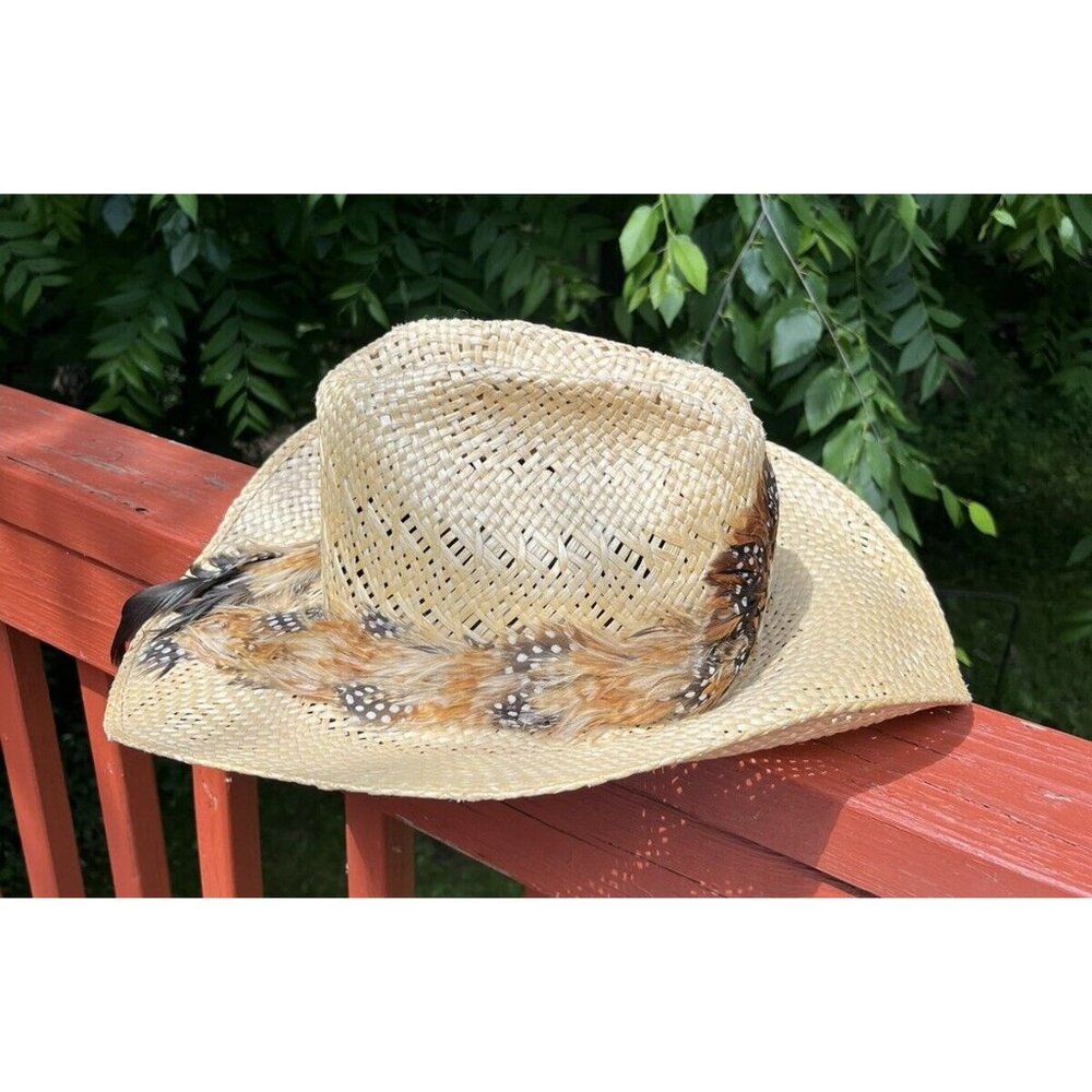 Larry Mahan Vintage Straw Hat Size 7 Western Braided Feather Cowboy Style - Picture 4 of 9